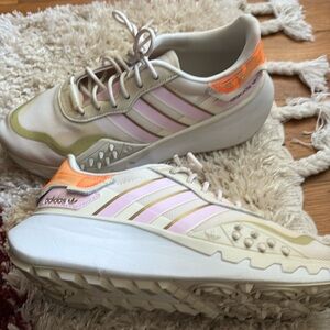 Adidas 7.5 women shoes. White, orange, gold, and pink shoes. Like new
